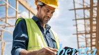 Construction worker using digital tablet with building automation interface at green construction site