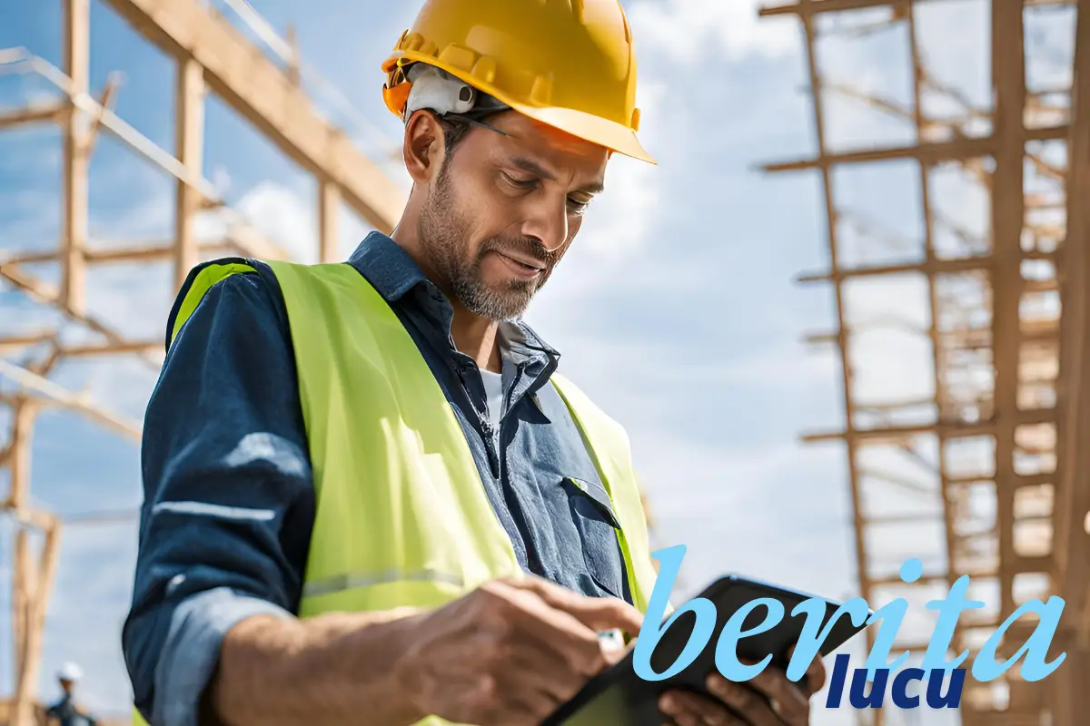 Construction worker using digital tablet with building automation interface at green construction site