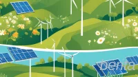 Sustainable energy transition illustrated with solar panels and wind turbines in green landscape