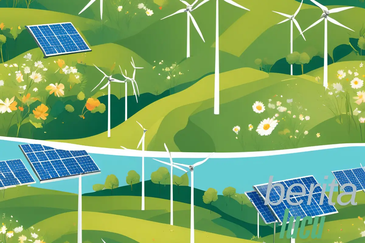 Sustainable energy transition illustrated with solar panels and wind turbines in green landscape