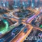 Smart city transportation system showing autonomous vehicles, smart traffic lights, and AI-powered traffic management displays in an urban setting