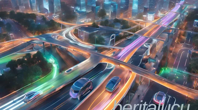 Smart city transportation system showing autonomous vehicles, smart traffic lights, and AI-powered traffic management displays in an urban setting