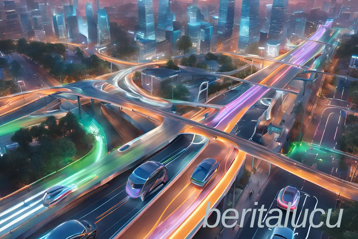 Smart city transportation system showing autonomous vehicles, smart traffic lights, and AI-powered traffic management displays in an urban setting