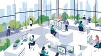 Modern sustainable office space with floor-to-ceiling windows overlooking city skyline, featuring employees working at white desks with green data displays and indoor plants, demonstrating smart workplace technology integration