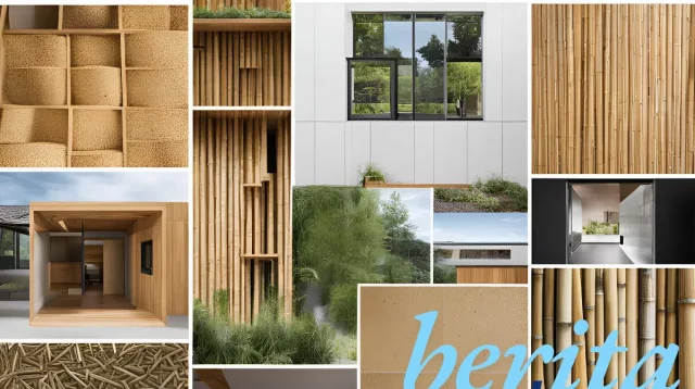 Collection of sustainable building materials featuring bamboo, hempcrete, recycled steel, and smart glass