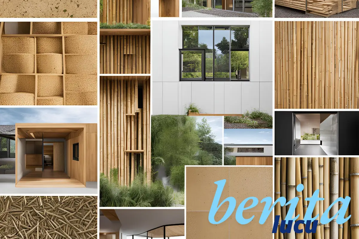 Collection of sustainable building materials featuring bamboo, hempcrete, recycled steel, and smart glass