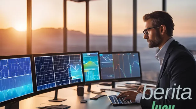 Renewable tech consultant analyzing digital dashboard displaying solar and wind farm performance metrics with AI-driven optimization data