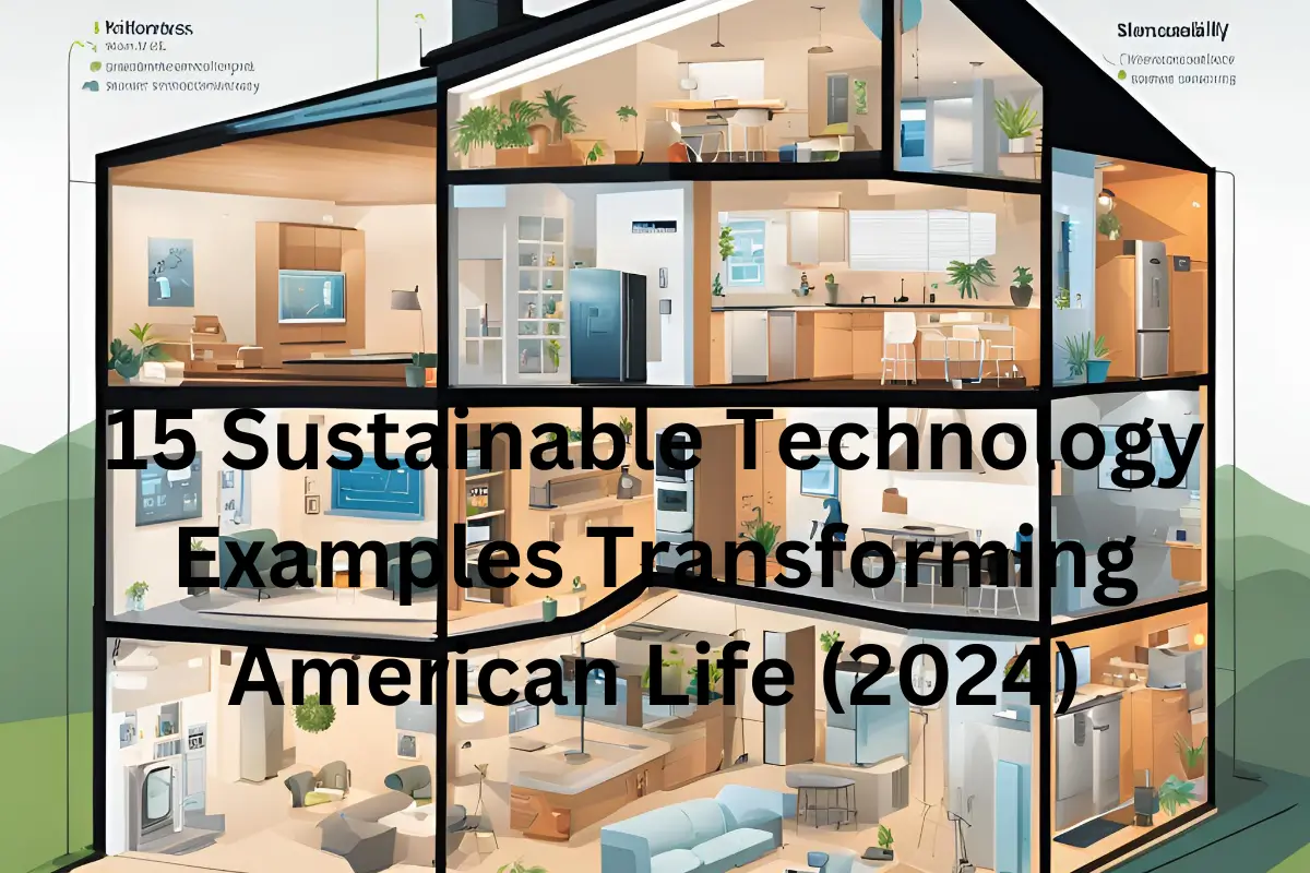 Smart home sustainability infographic showing connected appliances and temperature control systems