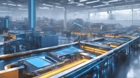 Modern smart factory interior showcasing automated assembly lines with blue LED lighting, conveyor systems, and advanced manufacturing equipment in a futuristic industrial setting with integrated IoT technology for circular economy implementation