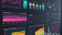 AI energy optimization system dashboard showing real-time power consumption analytics, with colorful graphs and automated control interface in a modern industrial setting