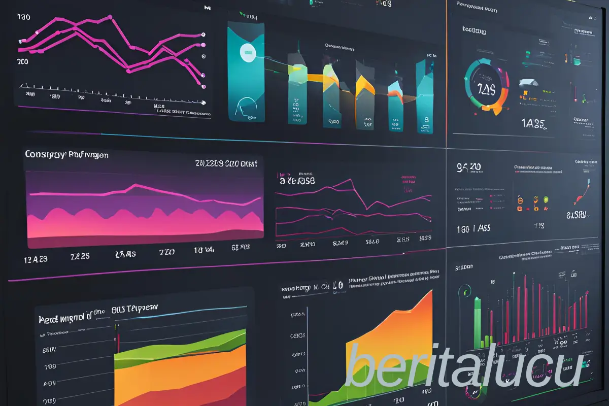 AI energy optimization system dashboard showing real-time power consumption analytics, with colorful graphs and automated control interface in a modern industrial setting