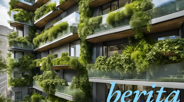 Modern green building facade with cascading vertical gardens and glass balconies featuring lush plants integrated into sustainable architectural design