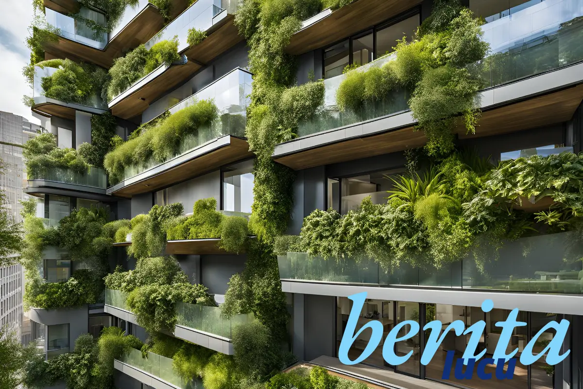 Modern green building facade with cascading vertical gardens and glass balconies featuring lush plants integrated into sustainable architectural design